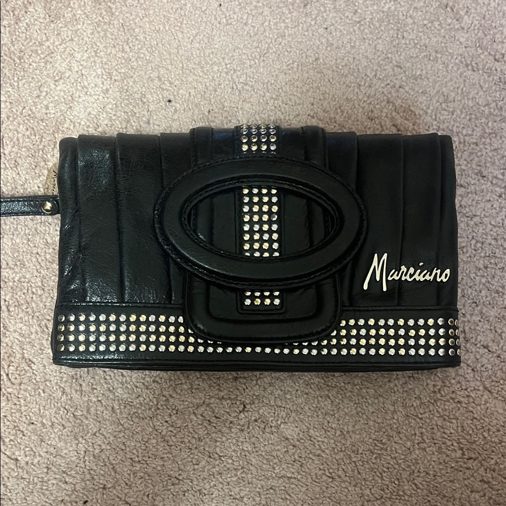 Marciano Black Leather Studded Clutch Wristlet